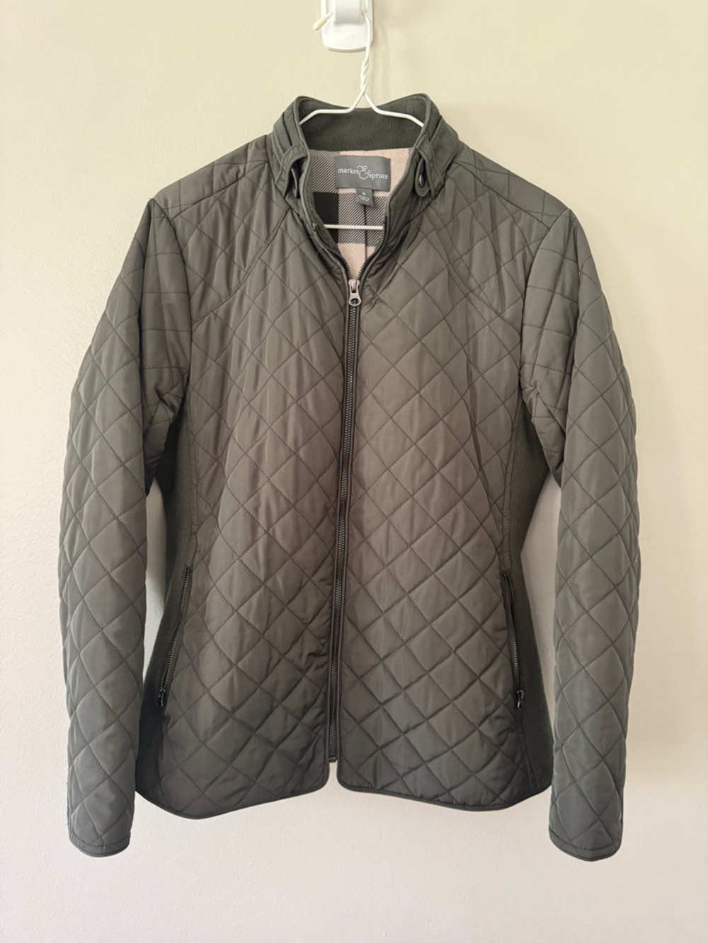 Market & Spruce Quilted Diamond-Pattern Puffer Jacket - Olive Green